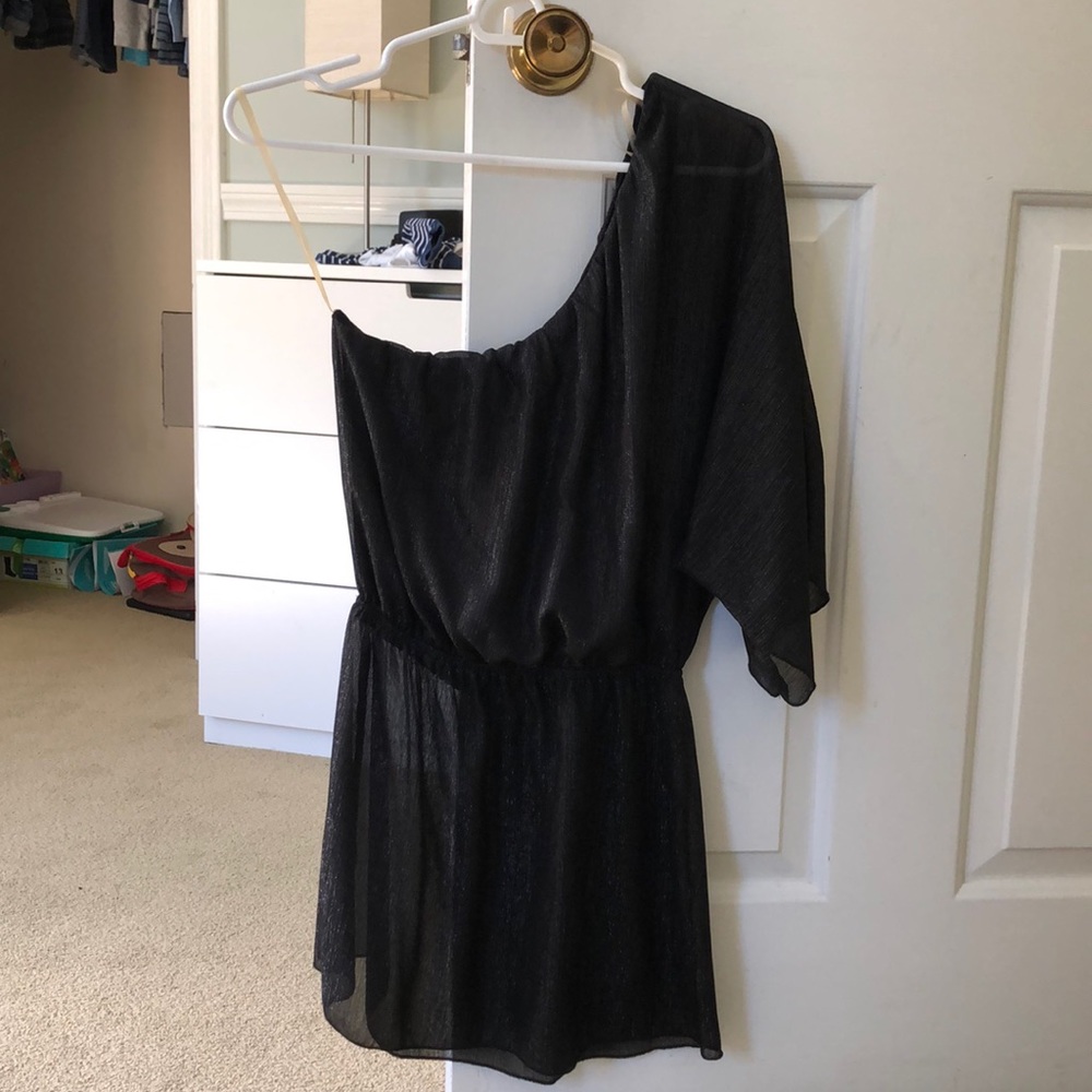 Reneec. One shoulder sheer and metallic blouse